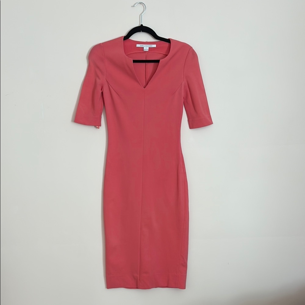 Diane Von Furstenberg Pink Bodycon Midi Dress V-Neck Short Sleeve